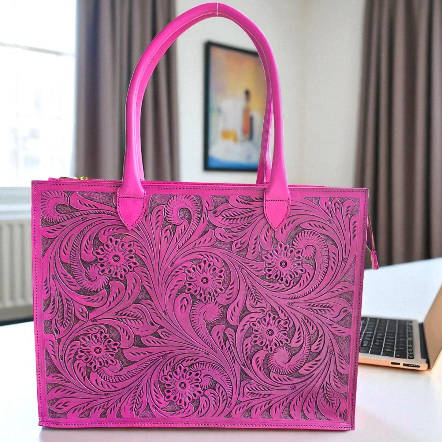 Premium Tooled Pink Western Laptop Tote