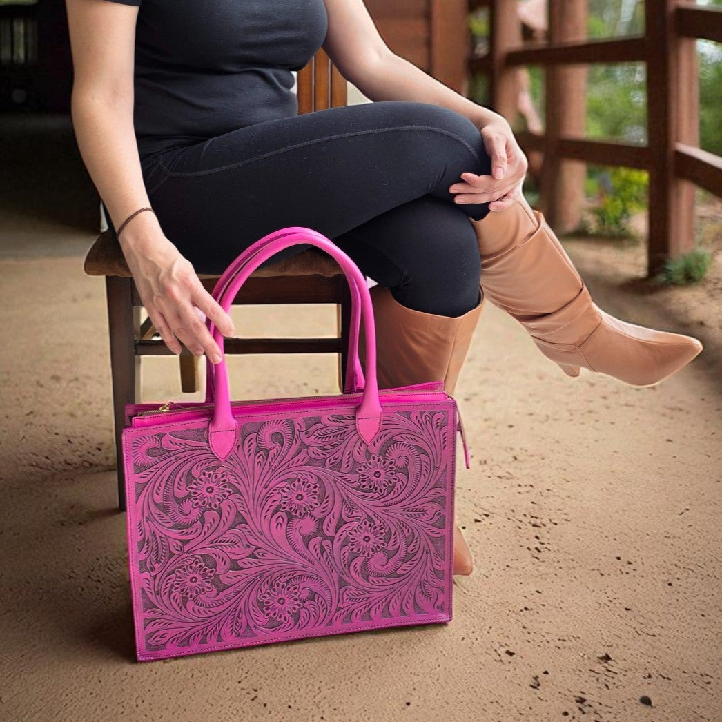 Premium Tooled Pink Western Laptop Tote