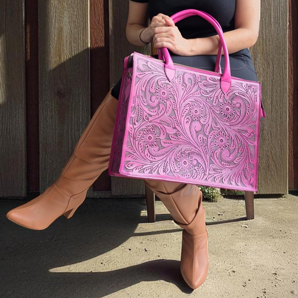 Premium Tooled Pink Western Laptop Tote