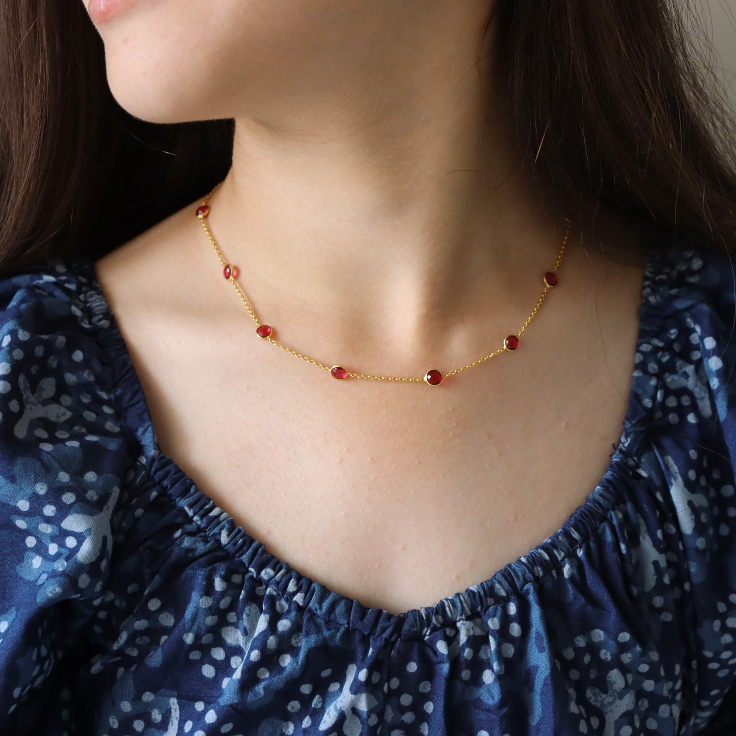 Dainty Ruby Red Tourmaline Semi precious Stone Necklace