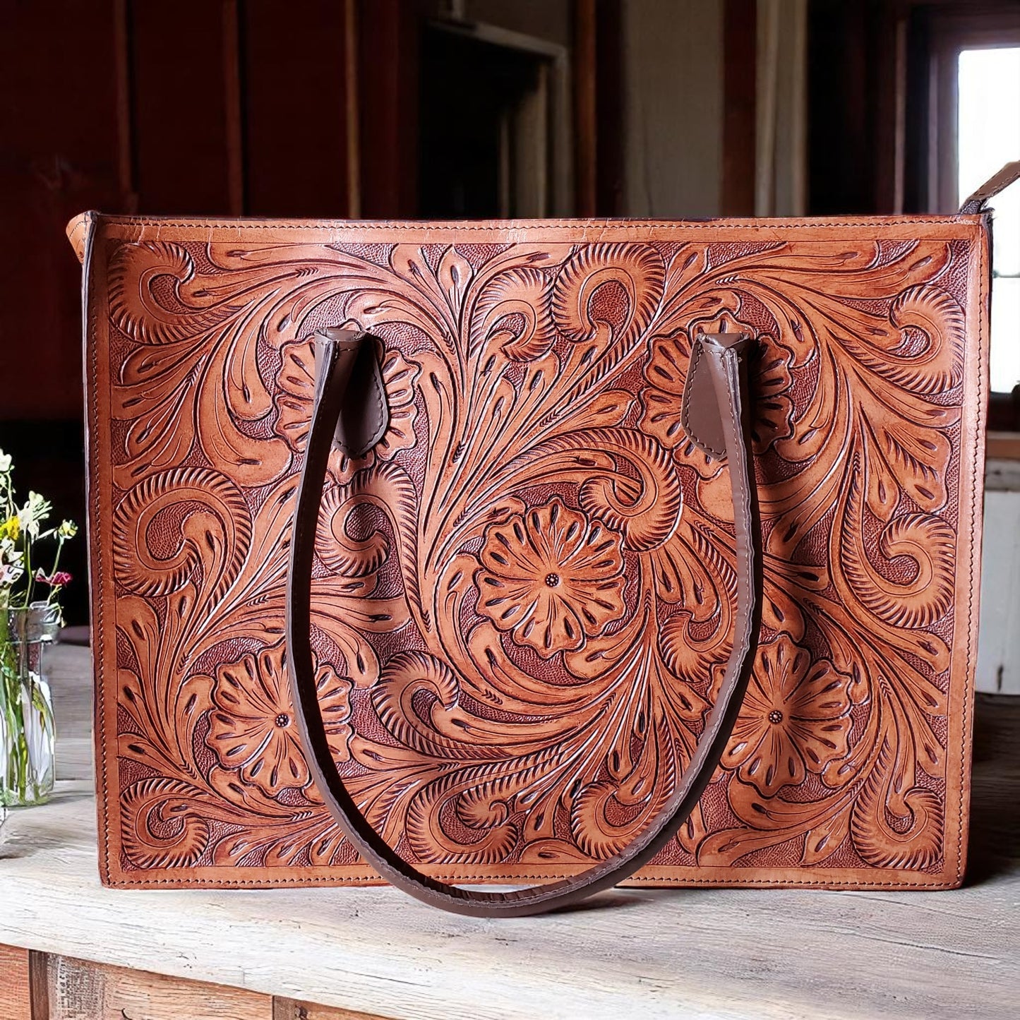 Hand Tooled Tan Brown Floral Western Tote