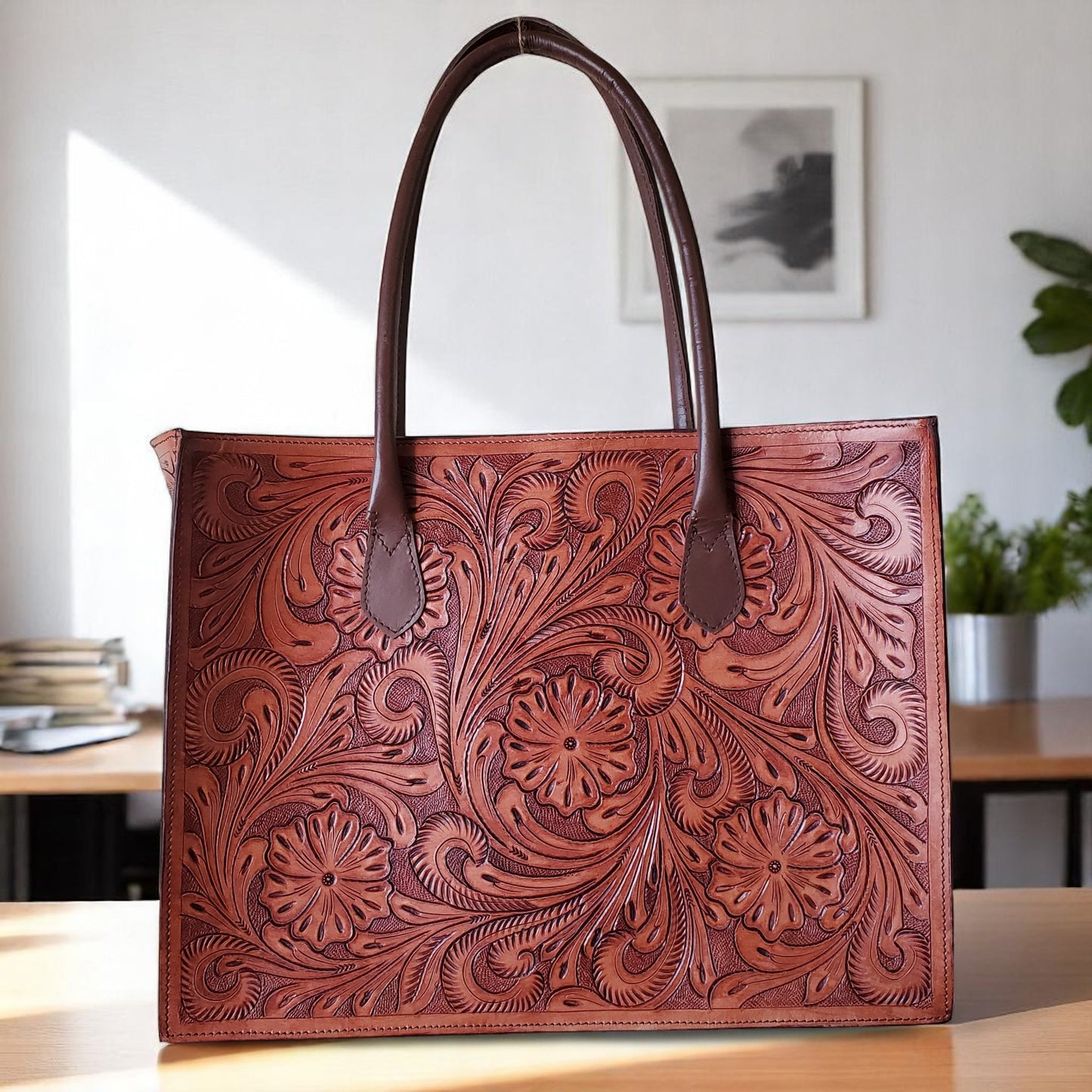 Hand Tooled Tan Brown Floral Western Tote