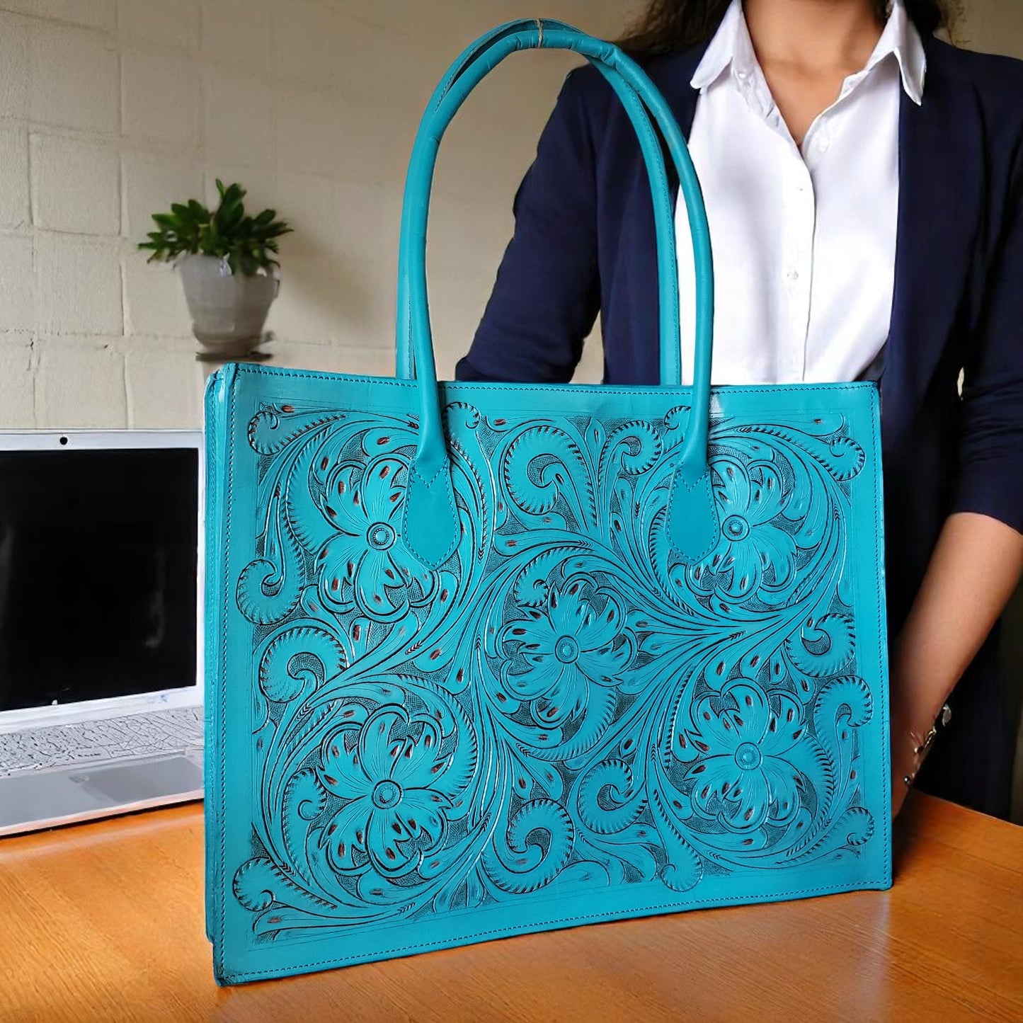 Hand Tooled Turquoise Laptop Western Tote