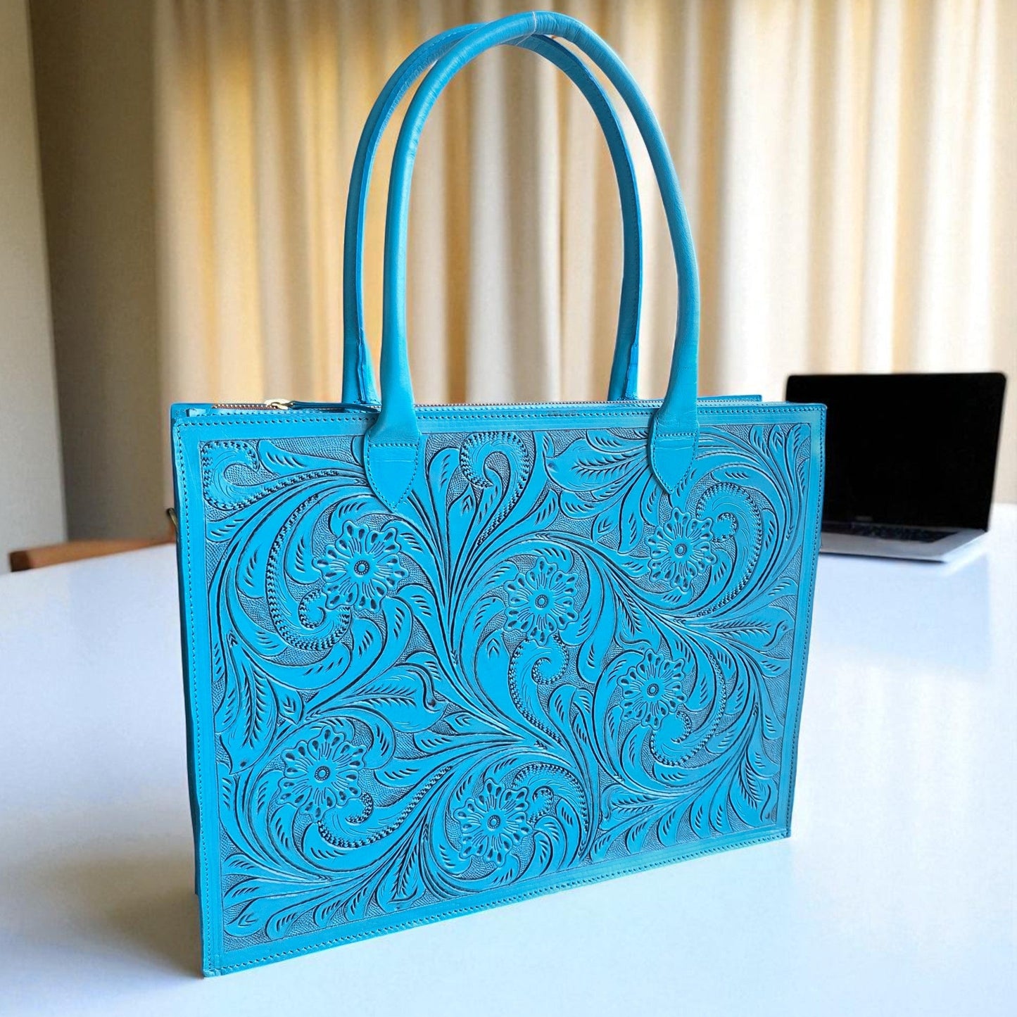 Premium Tooled Turquoise Western Laptop Tote
