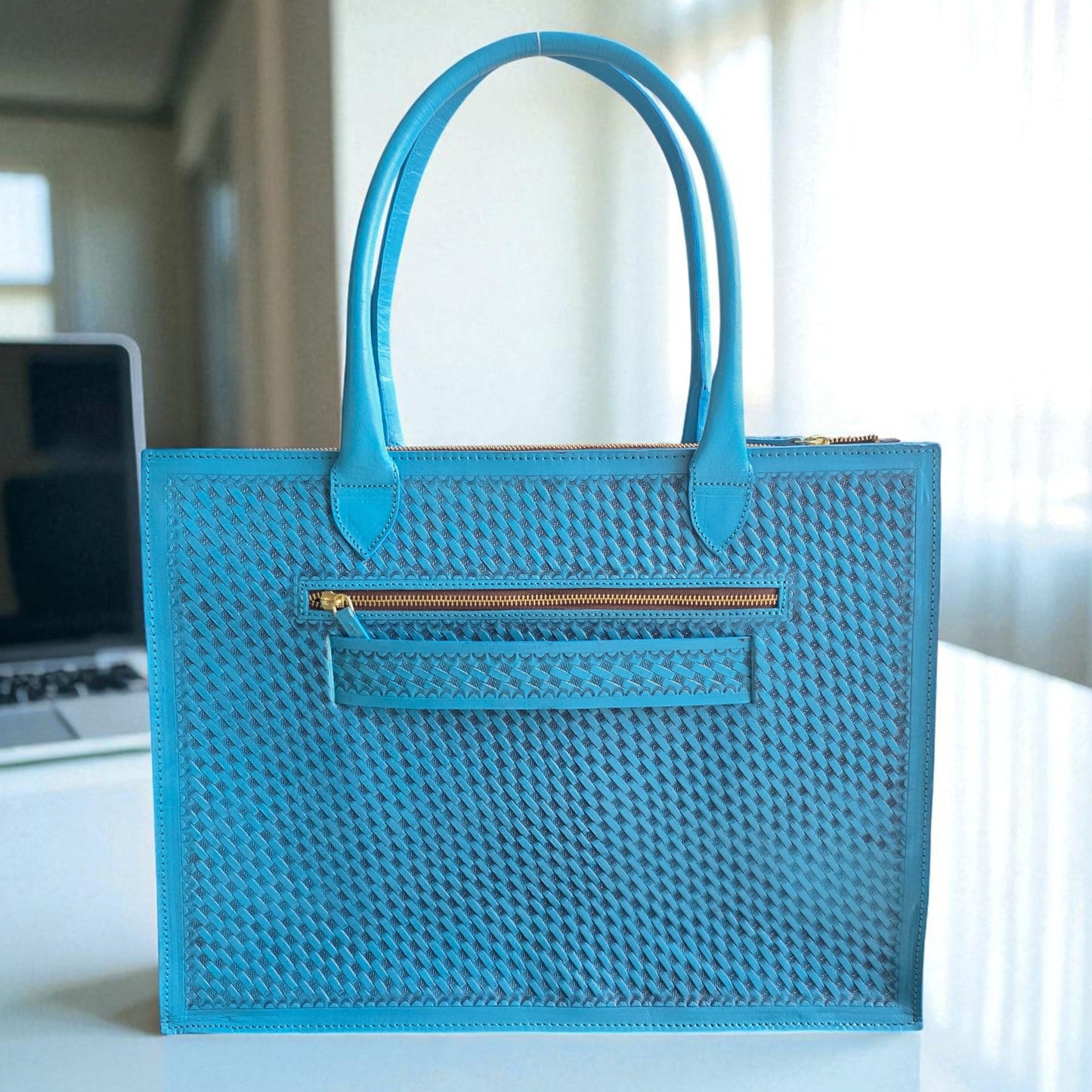 Premium Tooled Turquoise Western Laptop Tote