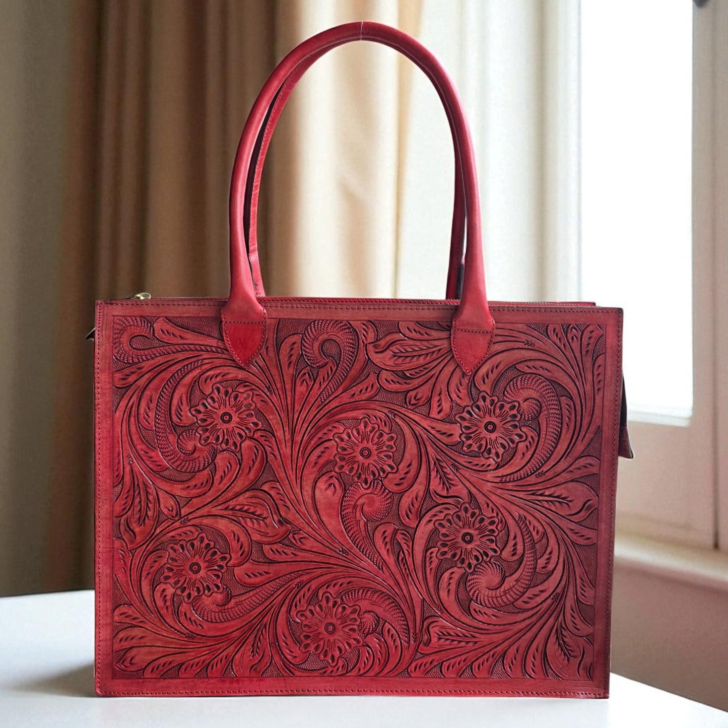 Premium Tooled Mahogany red Western Laptop Tote