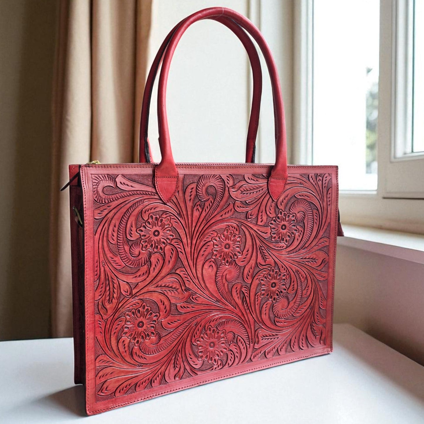 Premium Tooled Mahogany red Western Laptop Tote