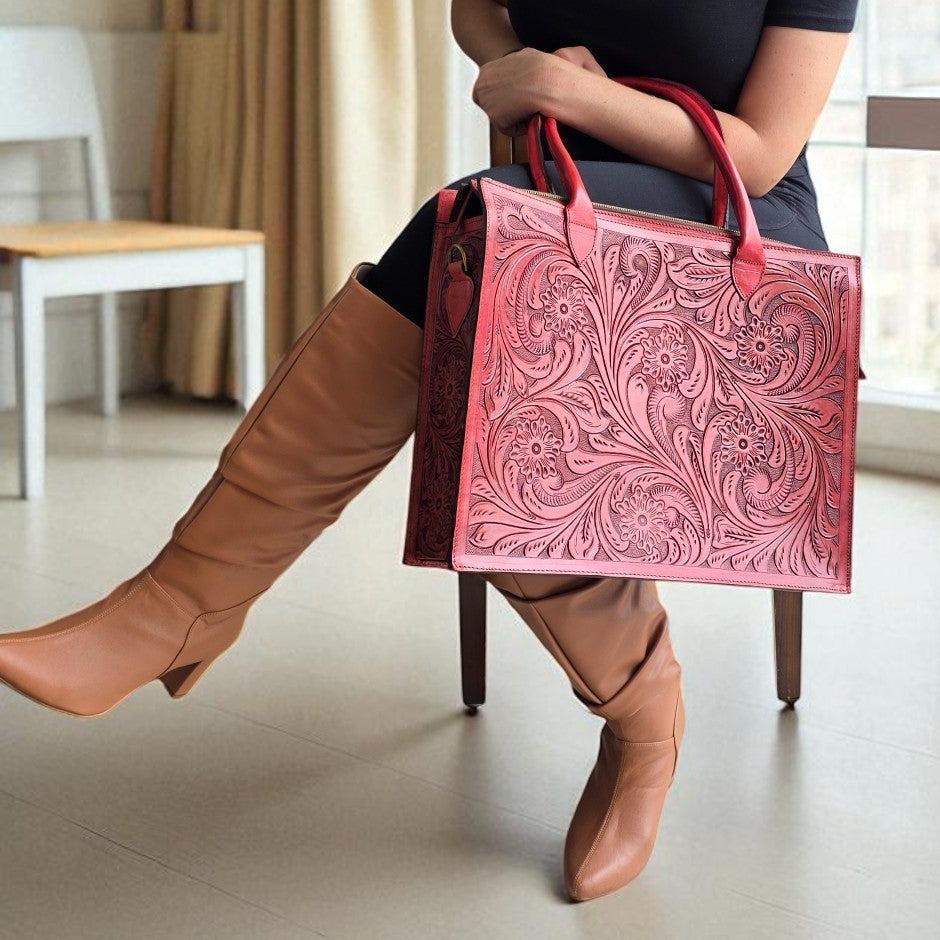 Premium Tooled Mahogany red Western Laptop Tote