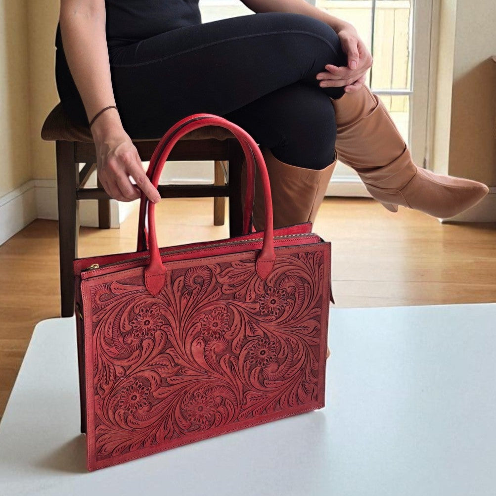 Premium Tooled Mahogany red Western Laptop Tote