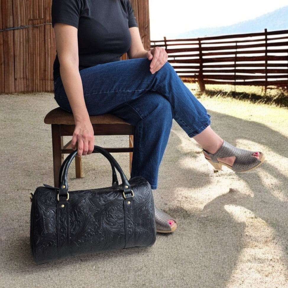 Western Tooled Black Overnight Duffel Weekender