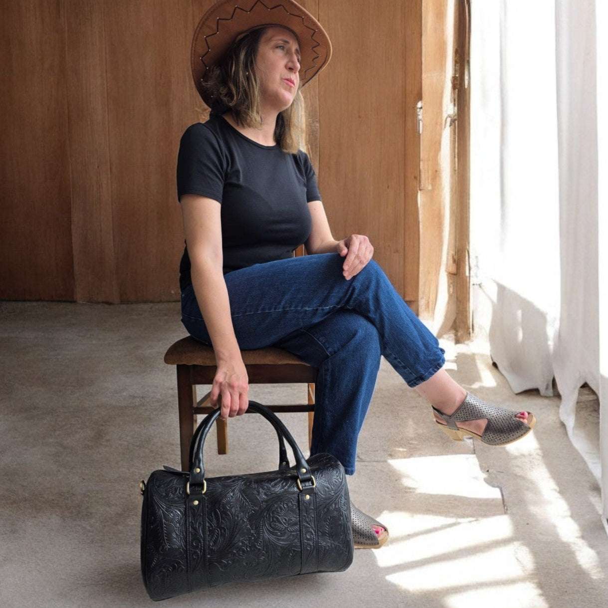 Western Tooled Black Overnight Duffel Weekender