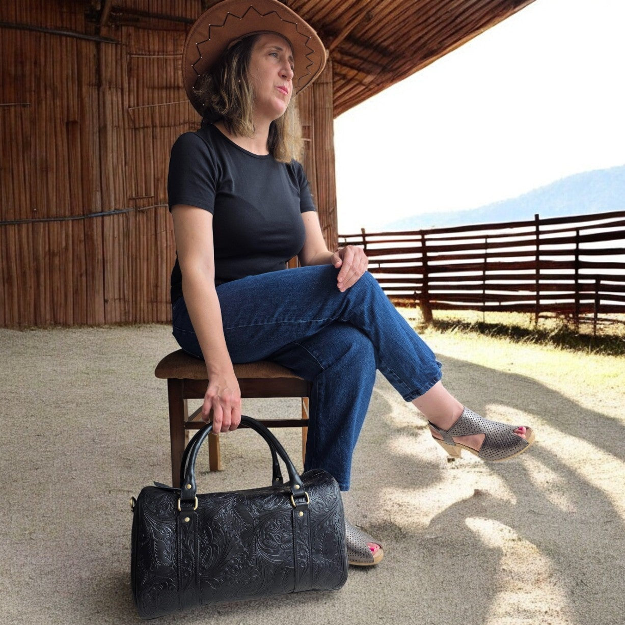 Western Tooled Black Overnight Duffel Weekender