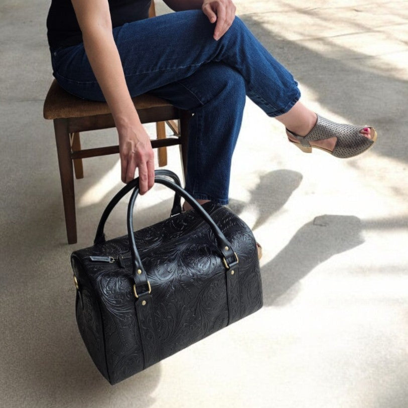 Western Tooled Black Overnight Duffel Weekender