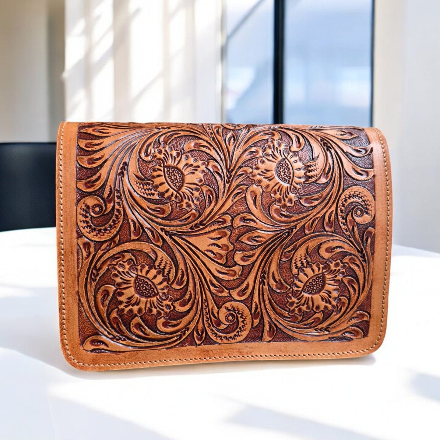 Western Tooled Purse Tan Turquoise Sling