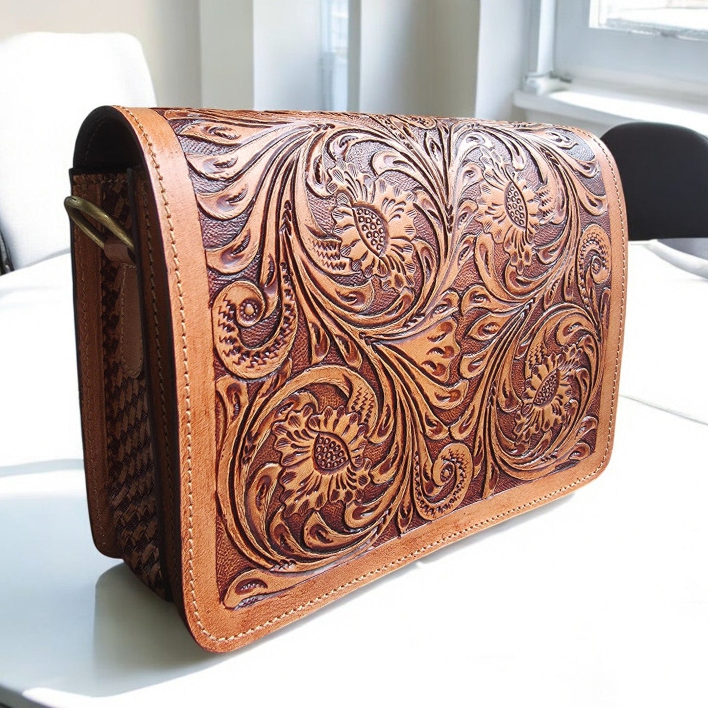 Western Tooled Purse Tan Turquoise Sling