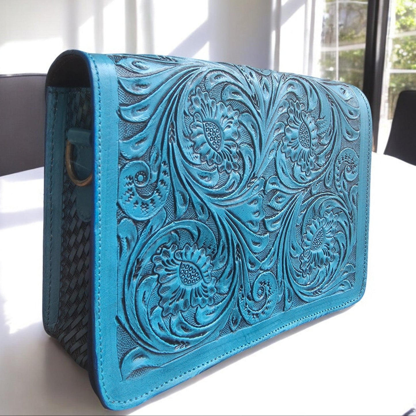 Western Tooled Purse Tan Turquoise Sling