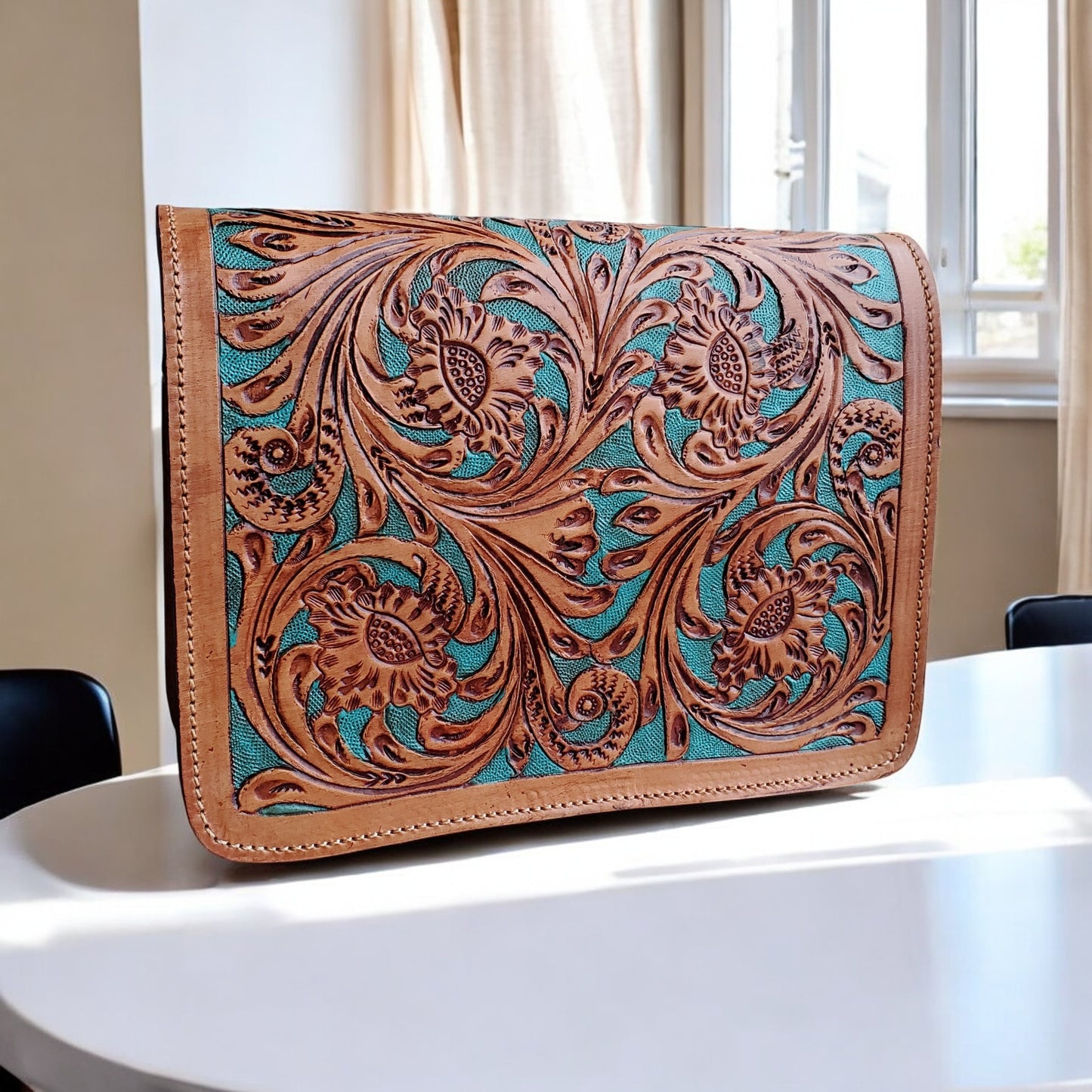 Western Tooled Purse Tan Turquoise Sling