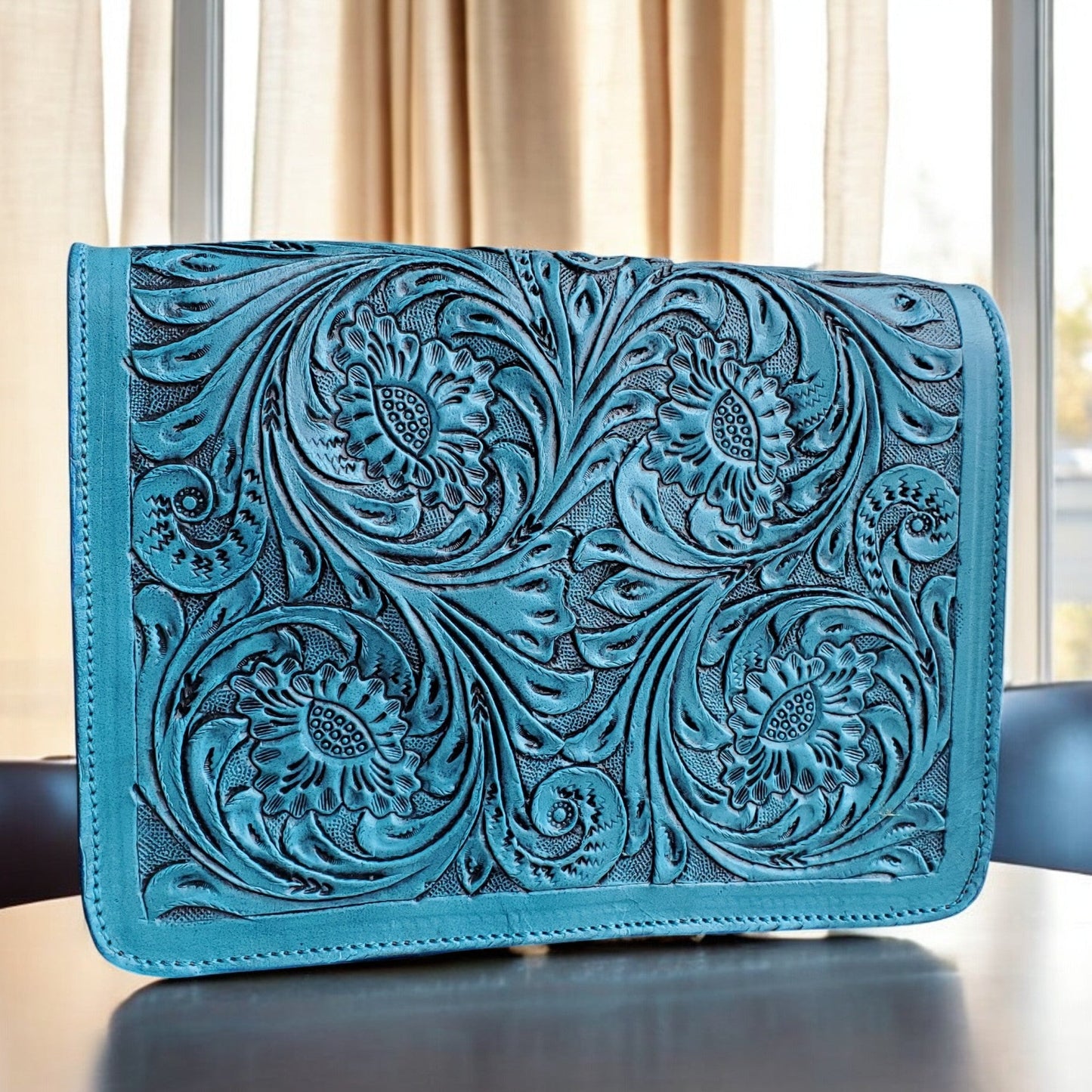 Western Tooled Purse Tan Turquoise Sling