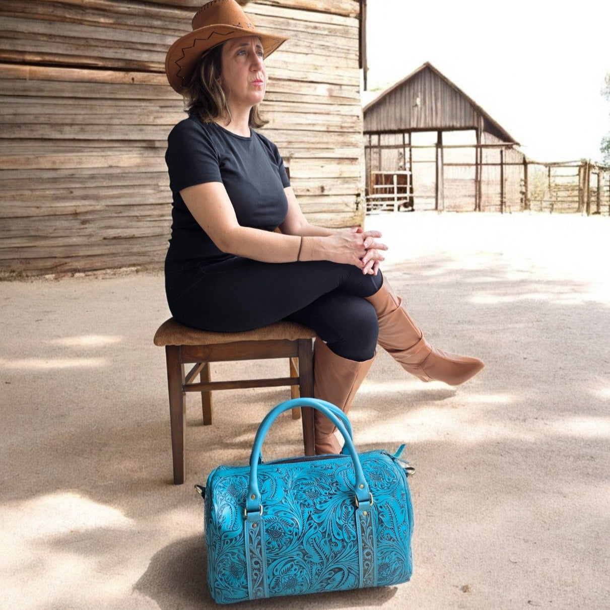 Western Tooled Turquoise Overnight Duffel Weekender