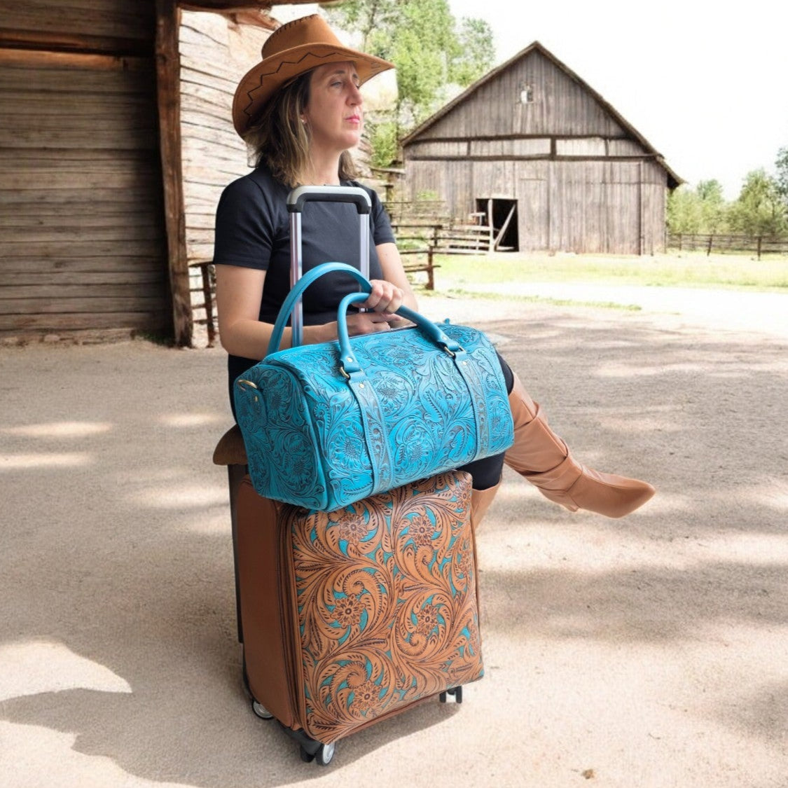 Western Tooled Turquoise Overnight Duffel Weekender