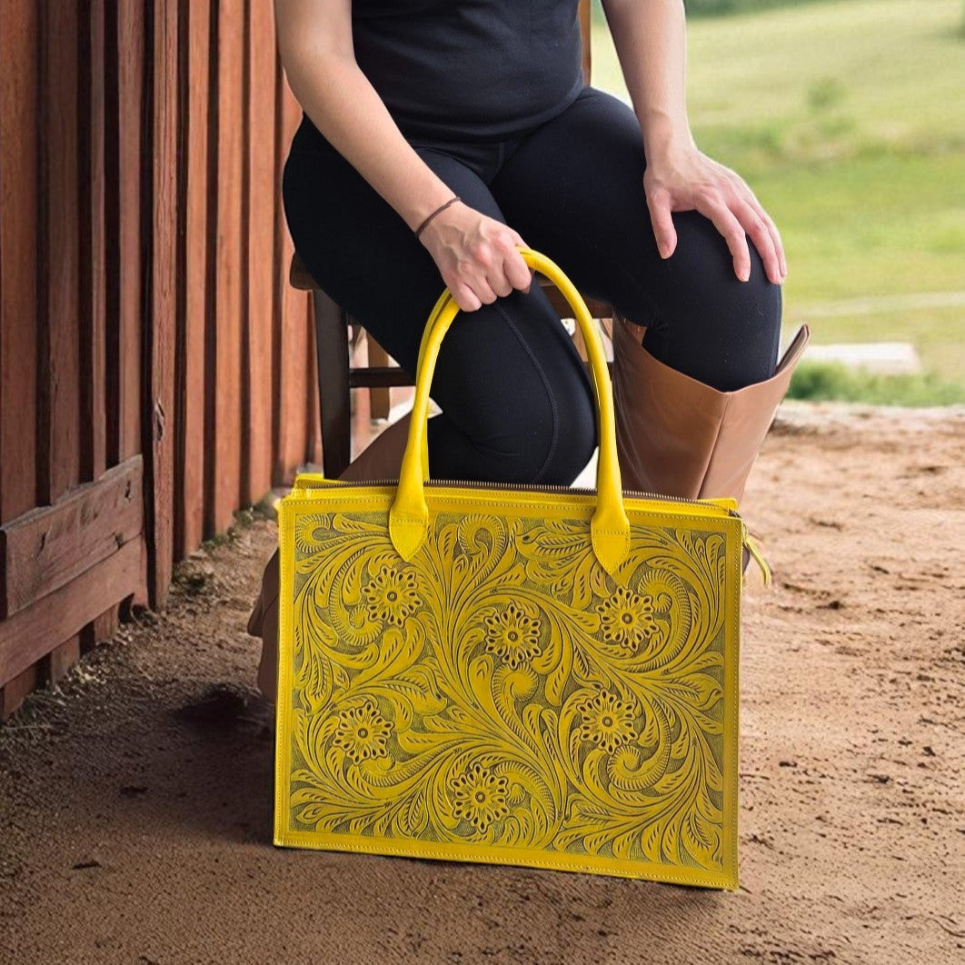 Premium Tooled Yellow Western Laptop Tote