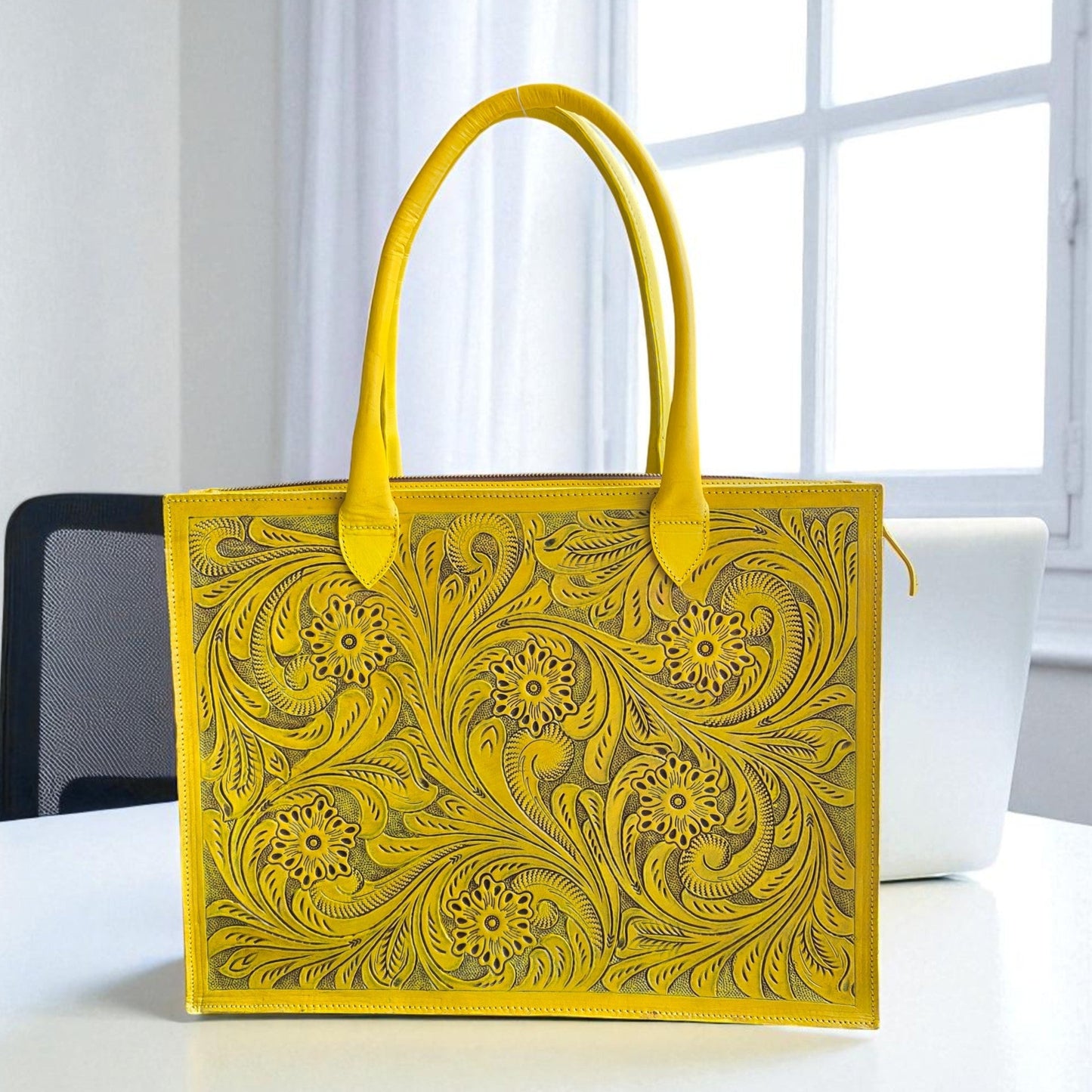 Premium Tooled Yellow Western Laptop Tote
