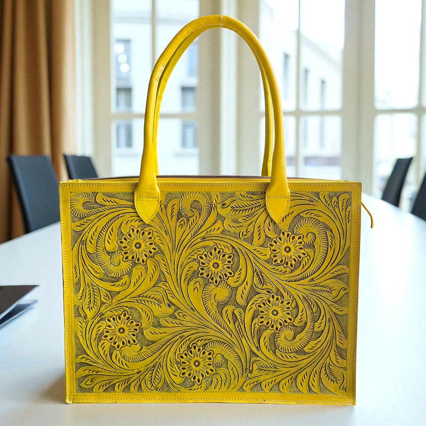Premium Tooled Yellow Western Laptop Tote