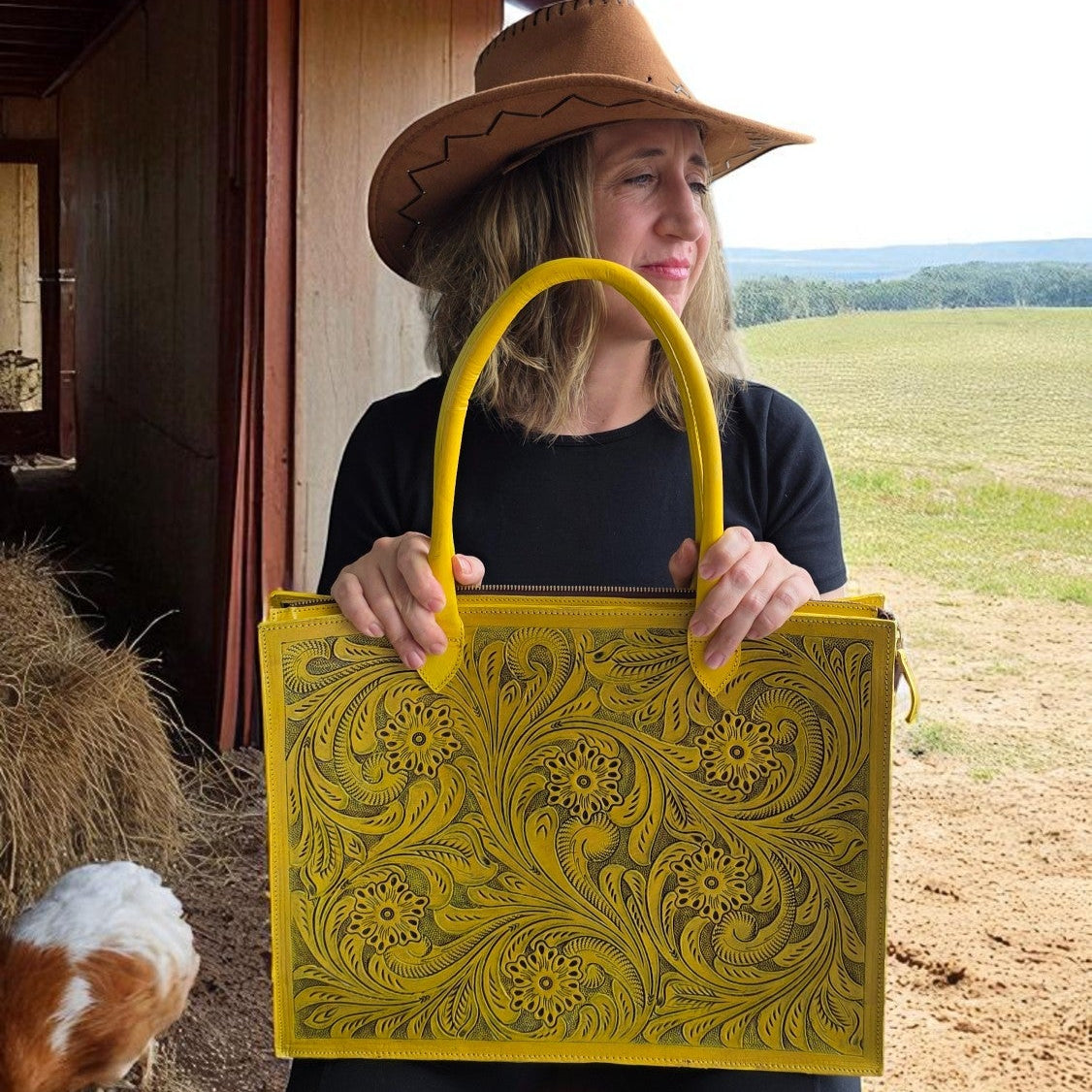 Premium Tooled Yellow Western Laptop Tote