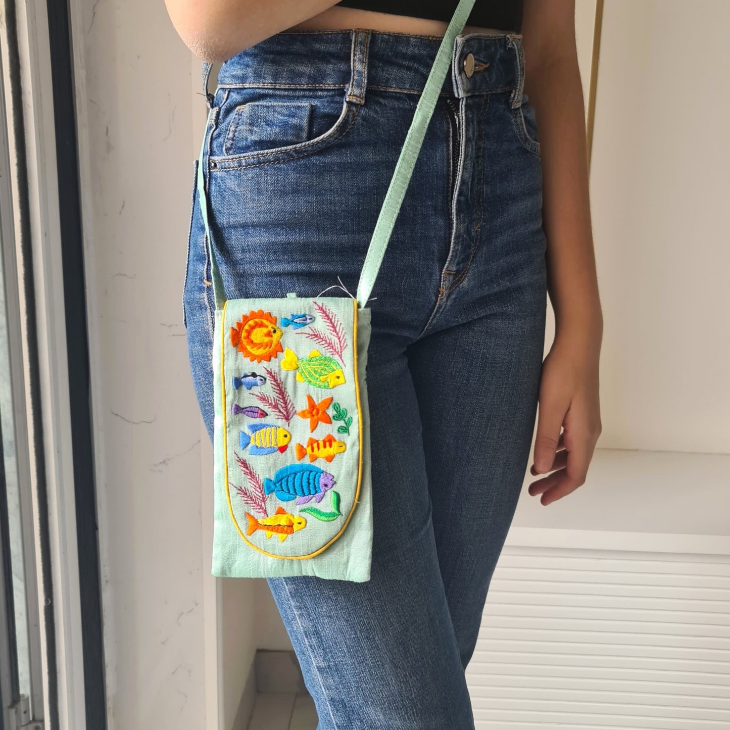 Embroidered silk fish sling