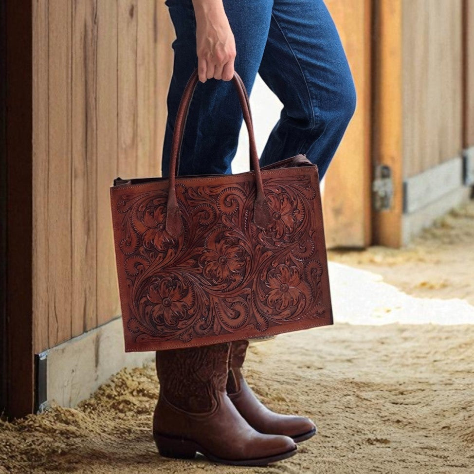 Regular Hand Tooled Brown Floral Western Tote