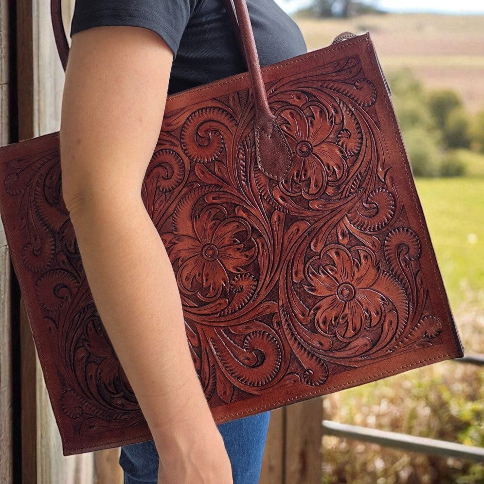 Regular Hand Tooled Brown Floral Western Tote