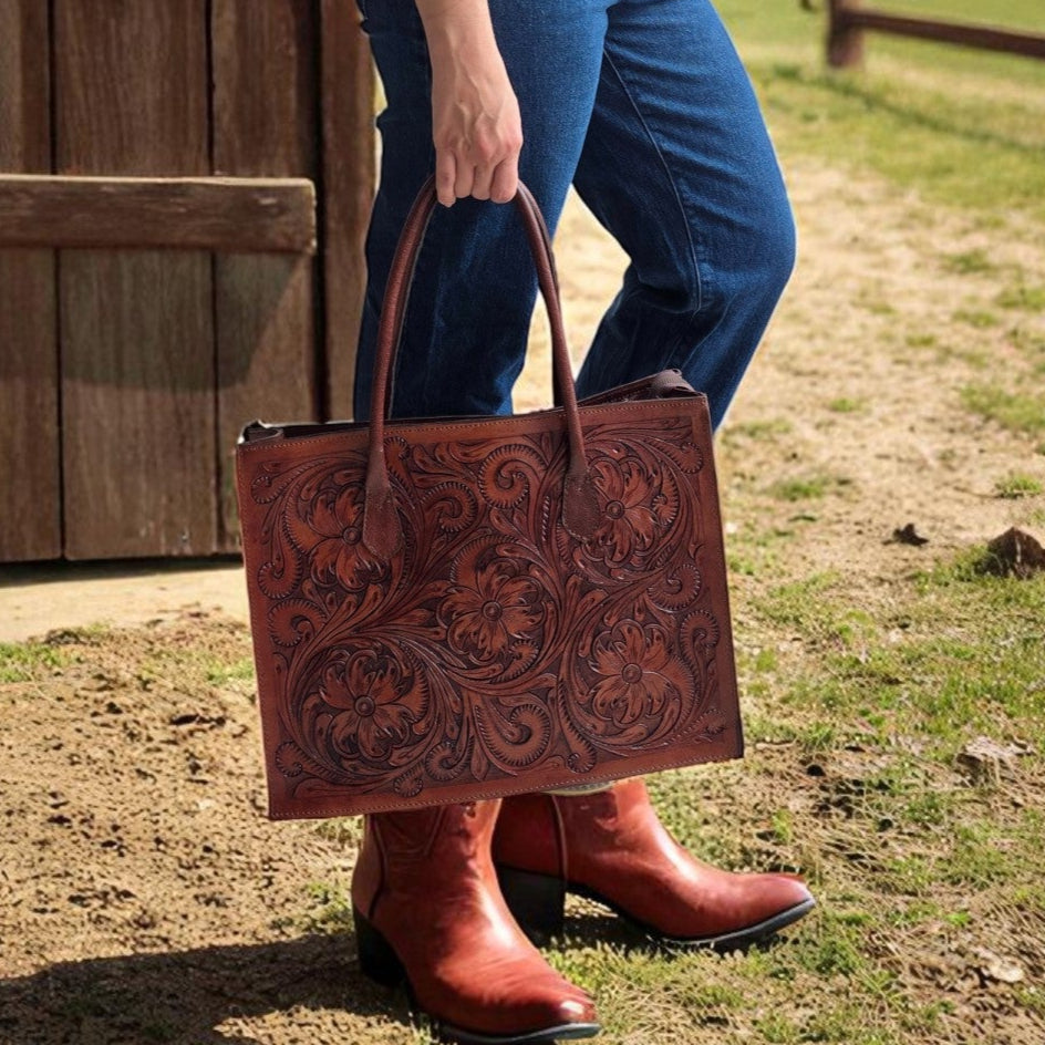 Regular Hand Tooled Brown Floral Western Tote