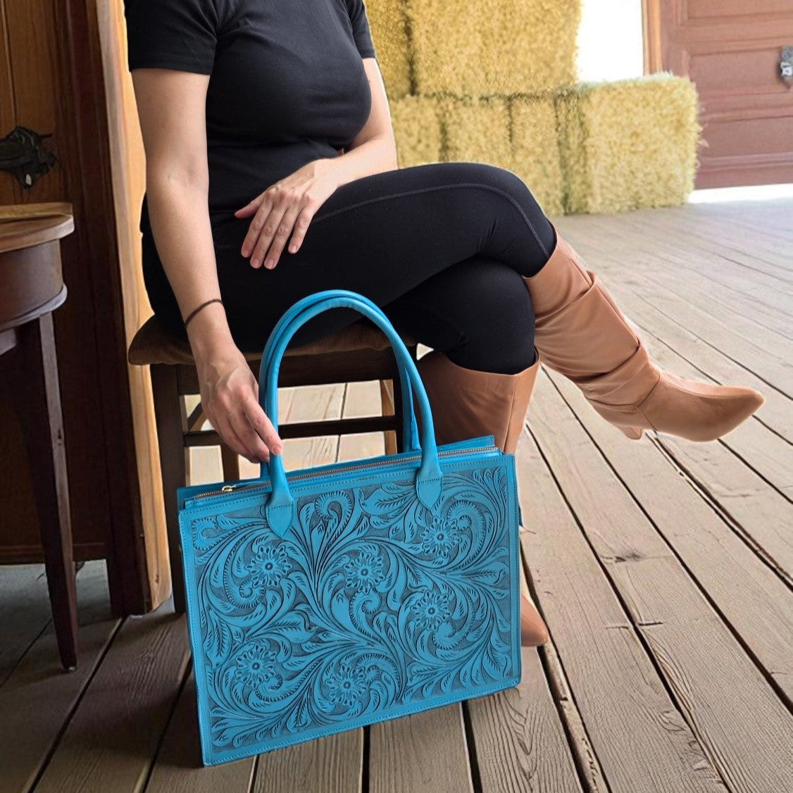 Premium Tooled Turquoise Western Laptop Tote