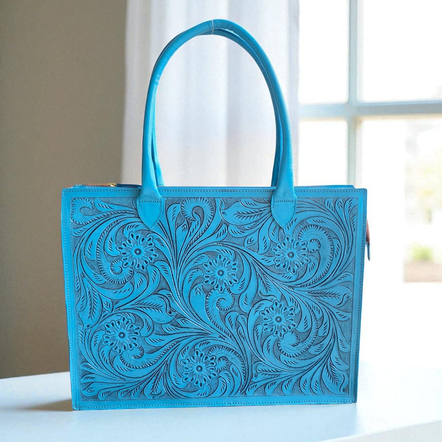 Premium Tooled Turquoise Western Laptop Tote