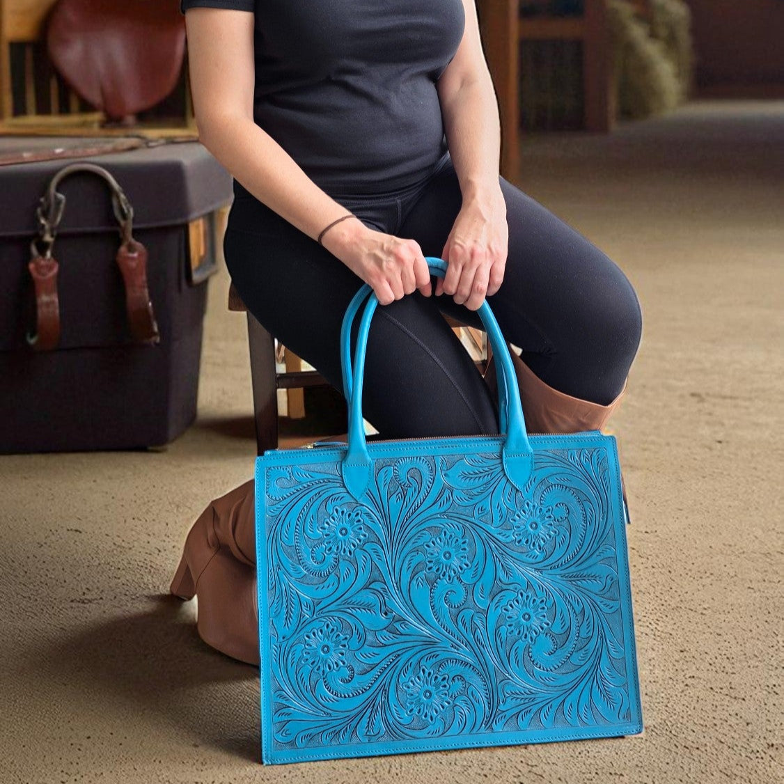 Premium Tooled Turquoise Western Laptop Tote