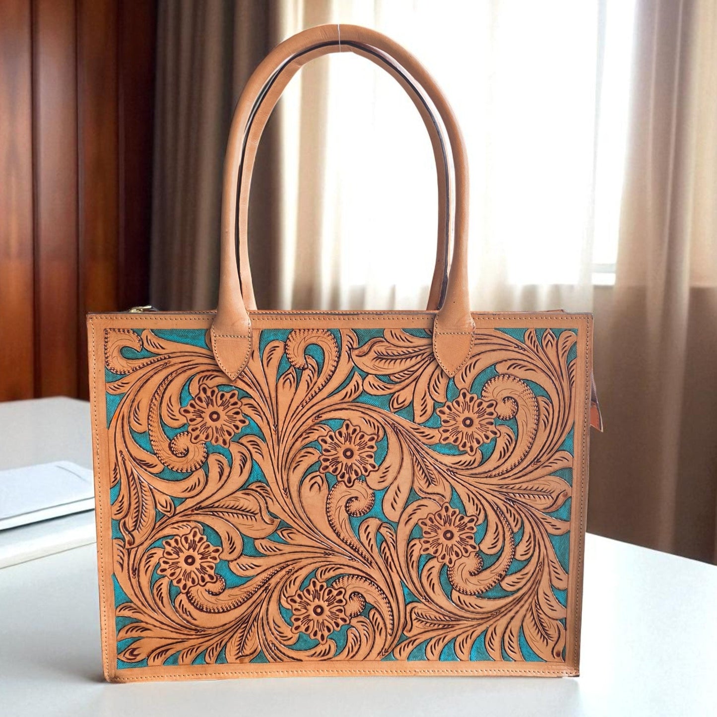 Premium Tooled Tan-Turquoise Western Laptop Tote
