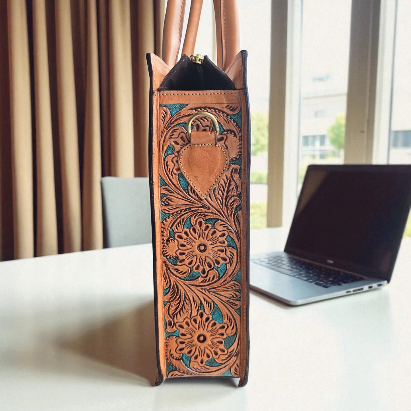 Premium Tooled Tan-Turquoise Western Laptop Tote