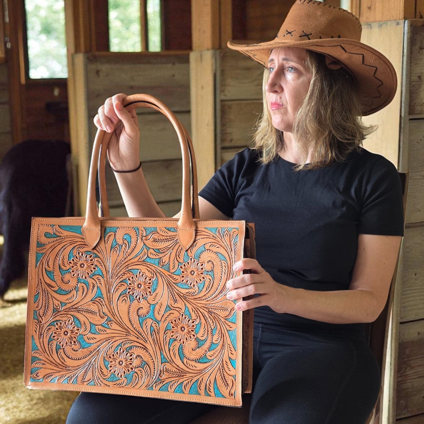 Premium Tooled Tan-Turquoise Western Laptop Tote