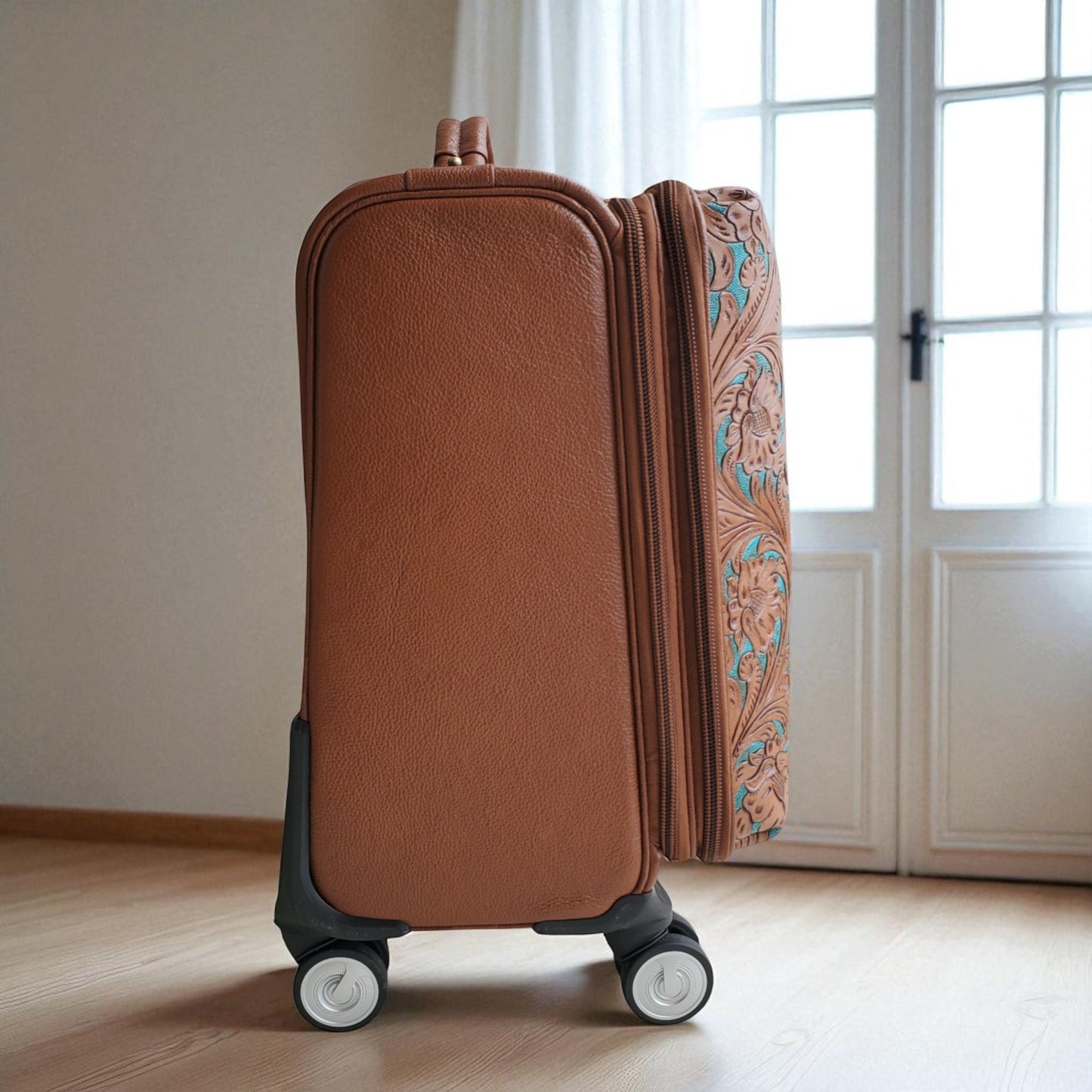 Tooled Western Tan-Turquoise Rolling Trolley Weekender