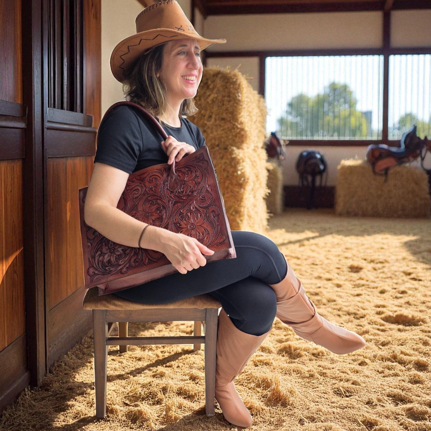 Regular Hand Tooled Brown Floral Western Tote