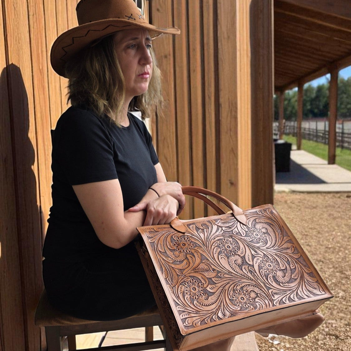 Premium Tooled Tan Western Laptop Tote
