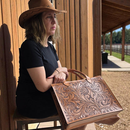 Premium Tooled Tan Western Laptop Tote