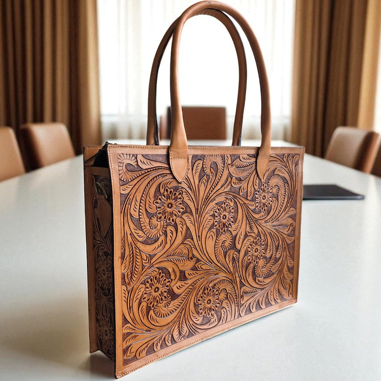 Premium Tooled Tan Western Laptop Tote