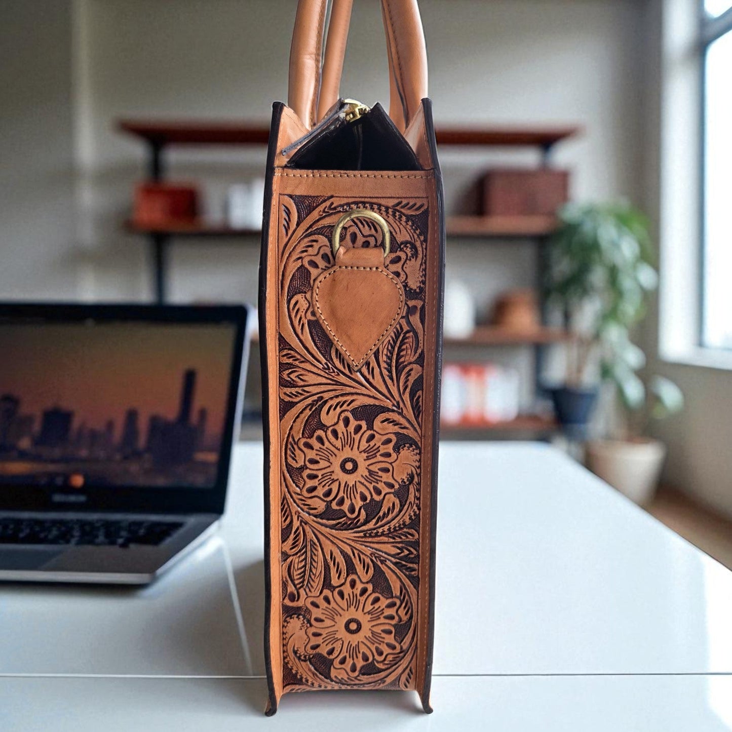 Premium Tooled Tan Western Laptop Tote