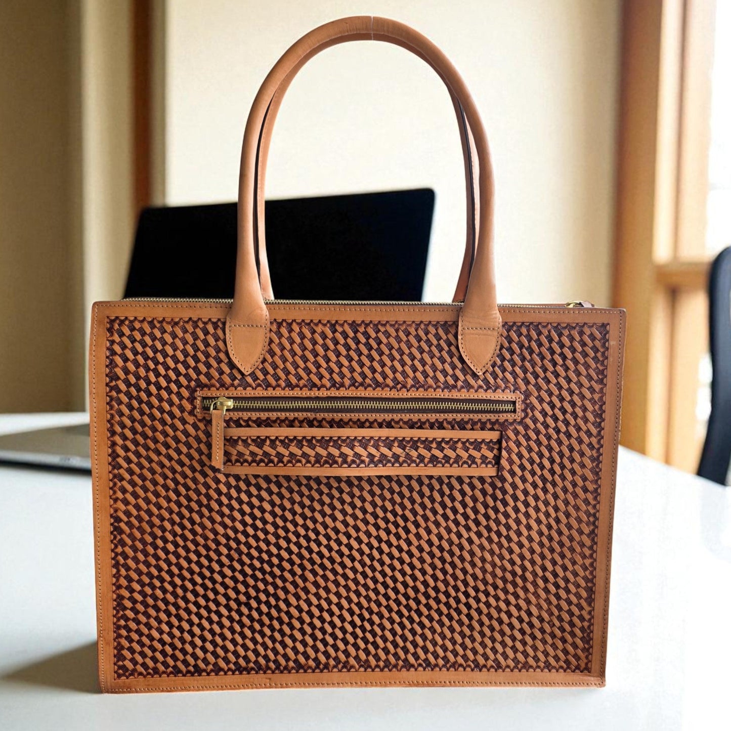 Premium Tooled Tan Western Laptop Tote