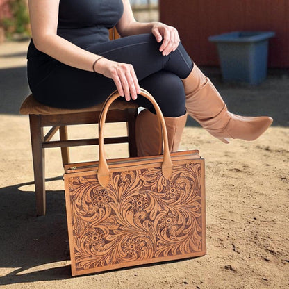 Premium Tooled Tan Western Laptop Tote