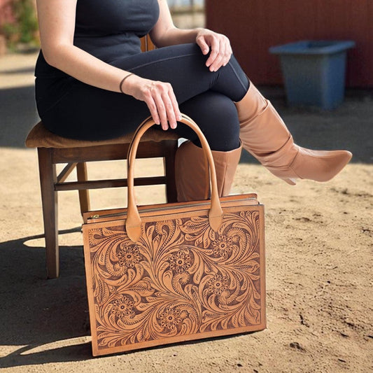 Premium Tooled Tan Western Laptop Tote