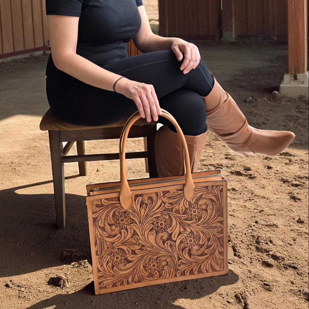 Premium Tooled Tan Western Laptop Tote
