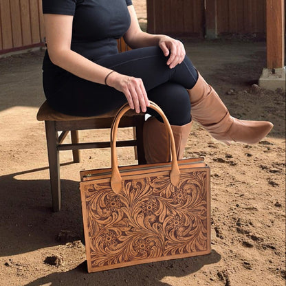 Premium Tooled Tan Western Laptop Tote