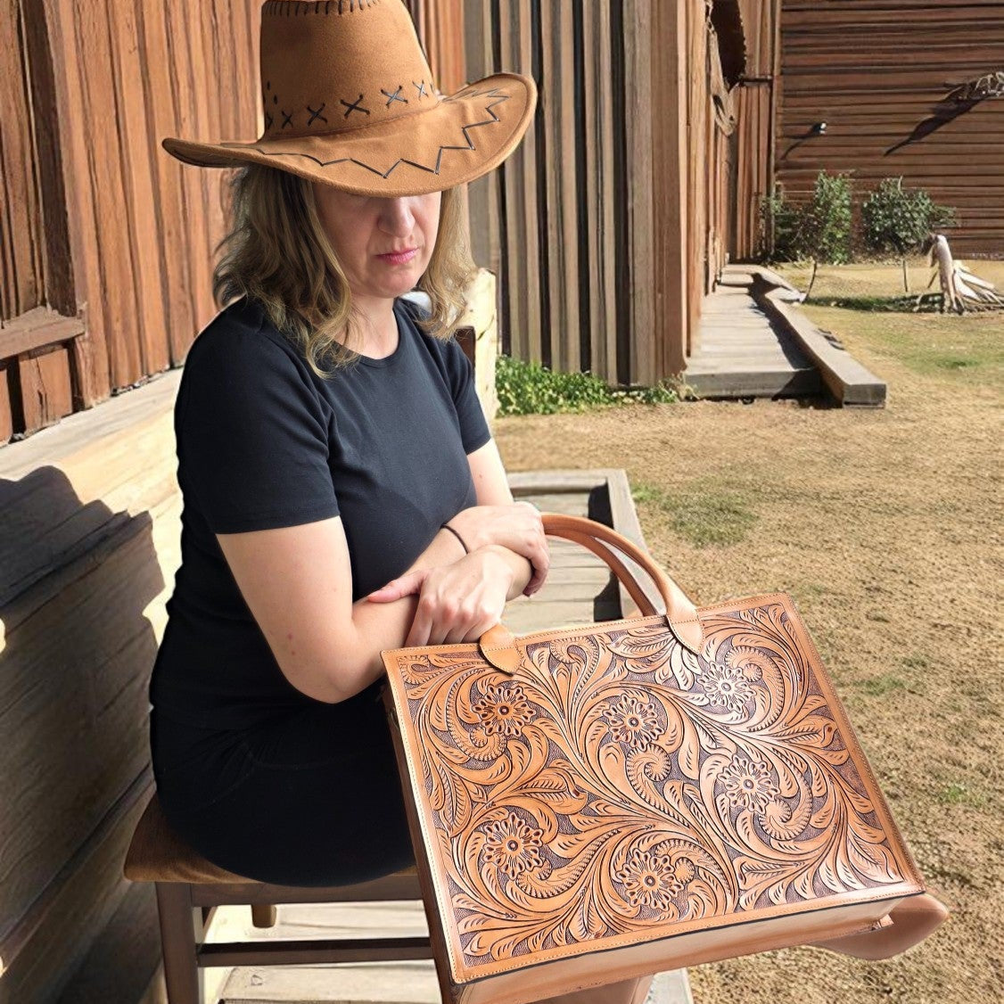 Premium Tooled Tan Western Laptop Tote